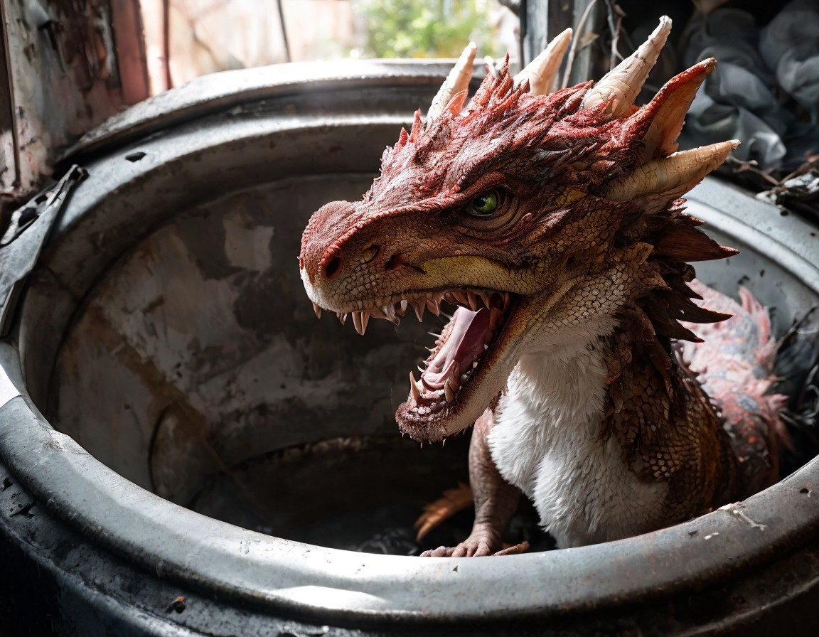 Dragon-like Creature Emerging from a Rusted Barrel