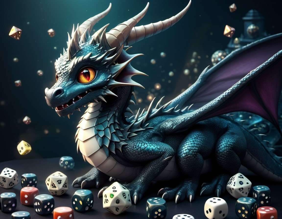 Vibrant Blue Dragon Amidst Colorful Dice Pile