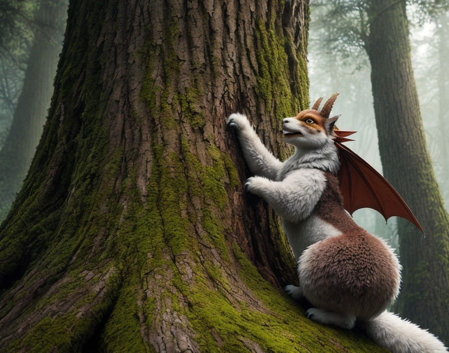 Fantastical creature with squirrel body, dragon wings, and horns in misty forest