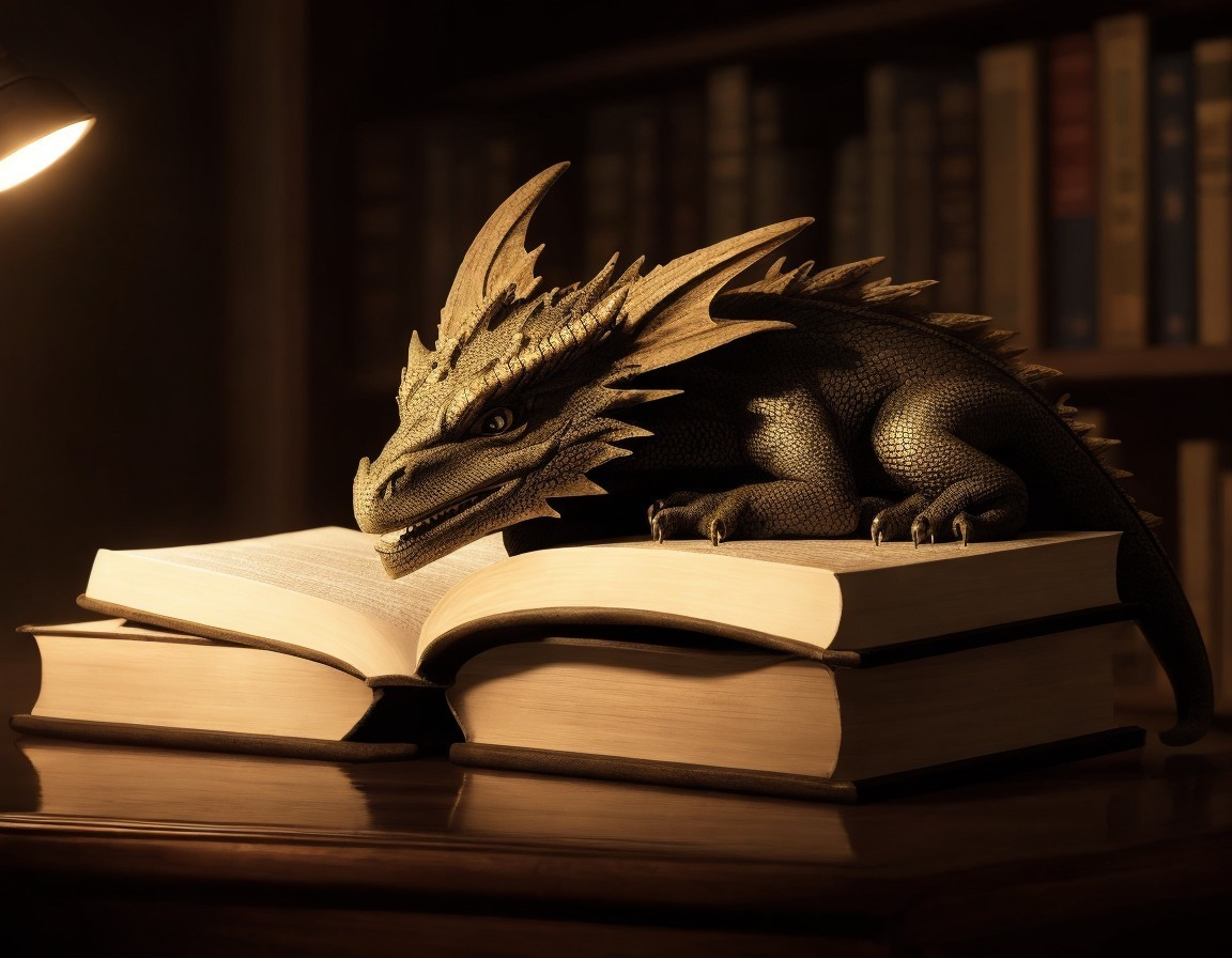 Intricate dragon atop an open book in a library