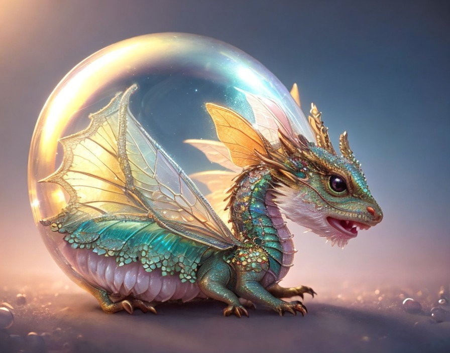 Whimsical Dragon in a Magical Transparent Bubble