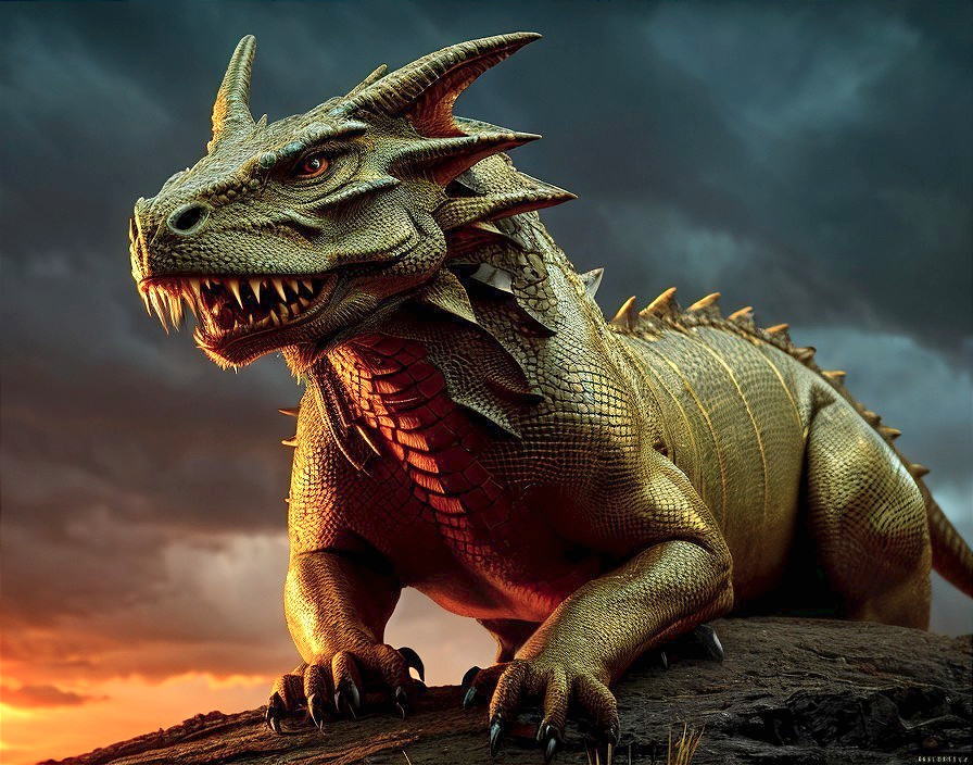 Golden Dragon Perched on Rock at Sunset Sky