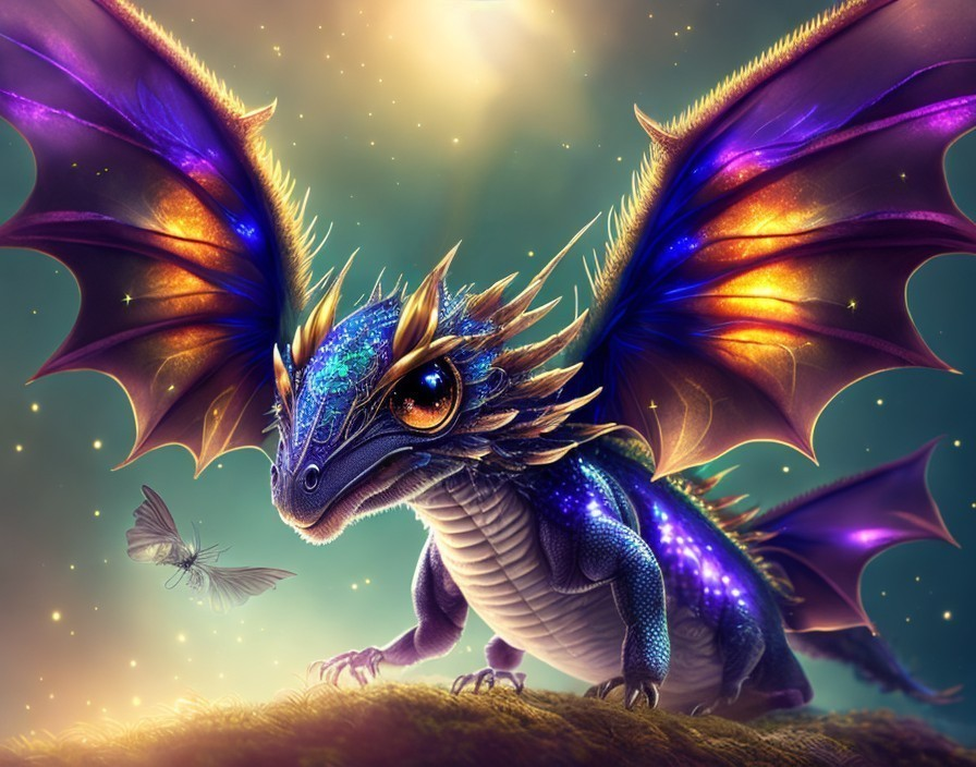 Majestic dragon with shimmering scales in lush landscape