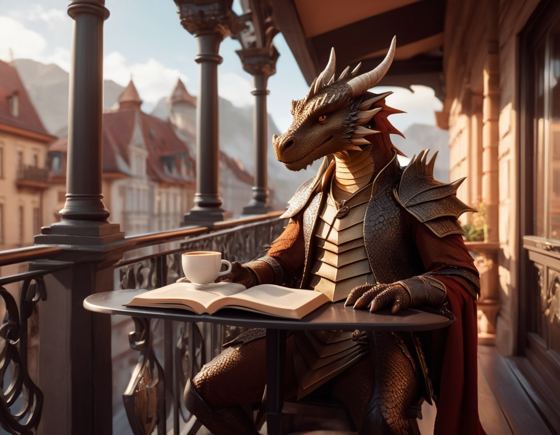 Dragon at Balcony Table in Picturesque Town Setting