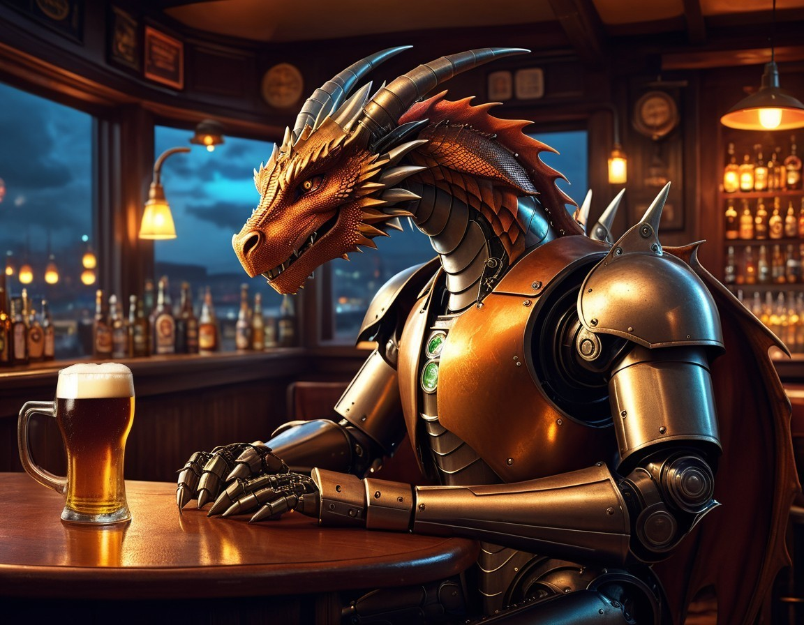 Cozy Tavern Scene with Armored Dragon and Beer