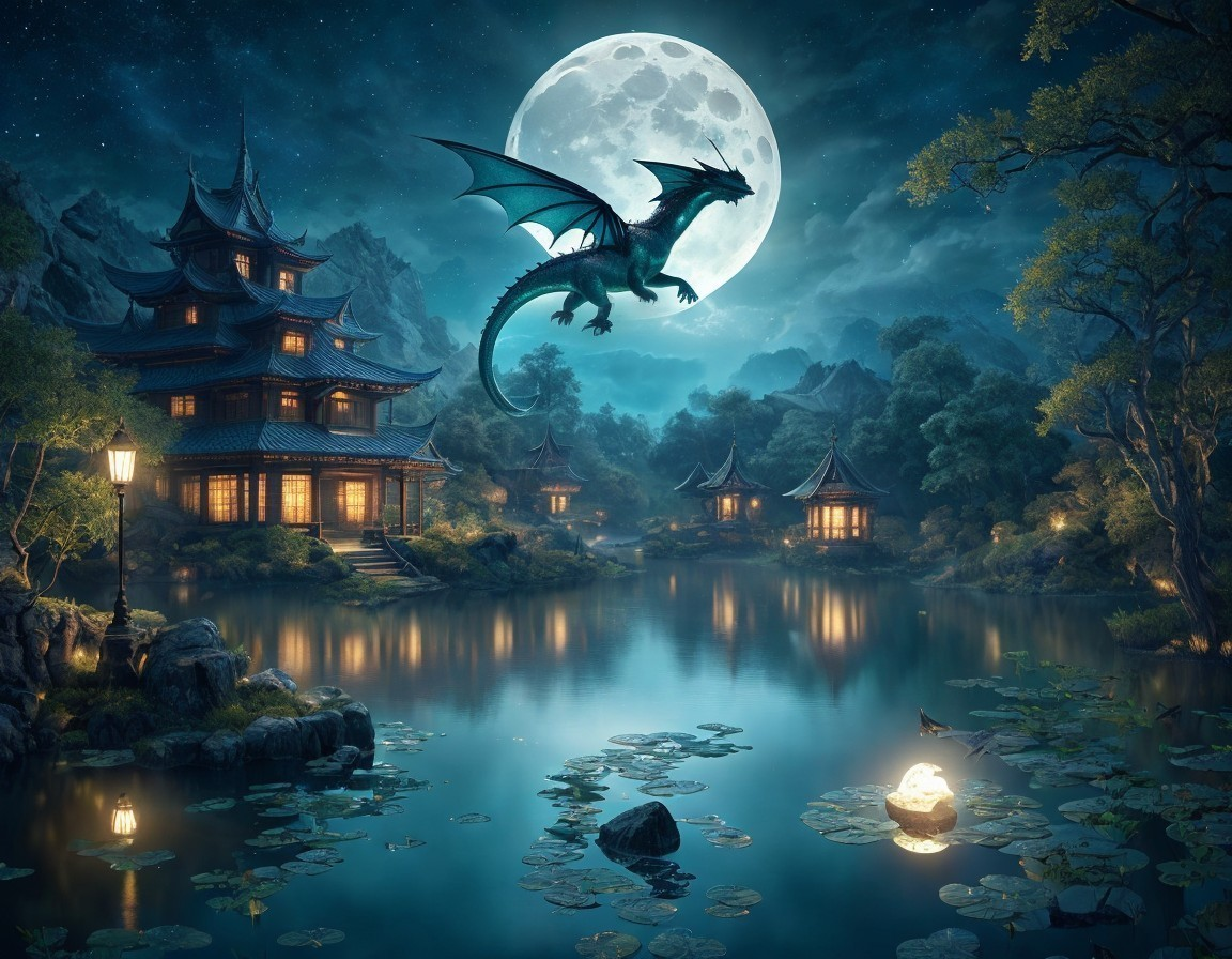 Majestic Dragon Over Tranquil Lake at Night