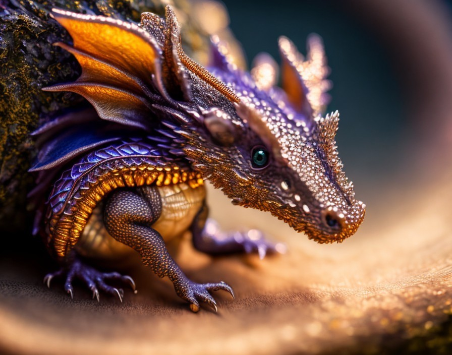 Detailed Miniature Dragon with Purple and Gold Scales