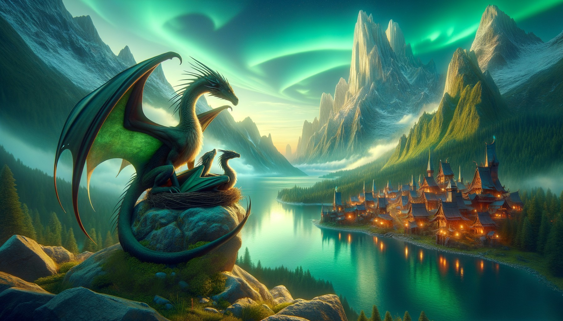 Dragon Overlooking Lakeside Village with Auroras