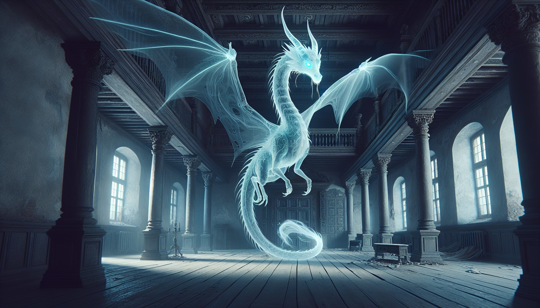 Ethereal dragon in a grand, dilapidated room