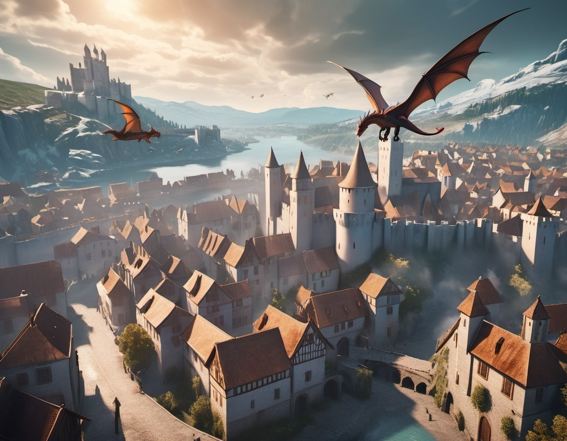 Fantasy Landscape with Medieval Town and Dragons