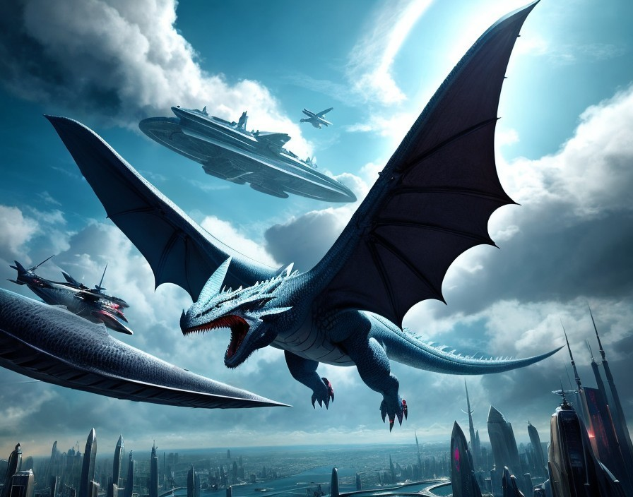 Dragon flying with futuristic aircraft over cityscape.
