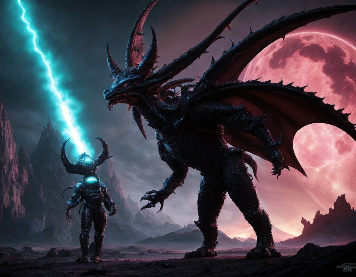 Futuristic Figure Confronts Dragon in Alien Landscape