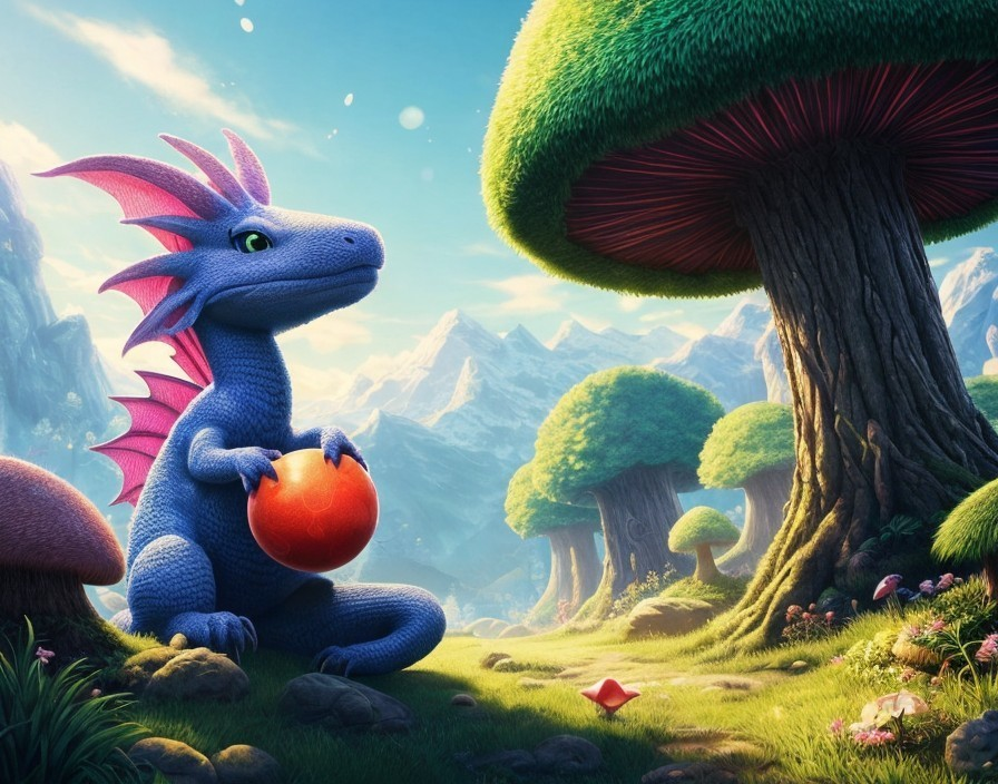 Cartoon Dragon with Blue Scales on Lush Hillside