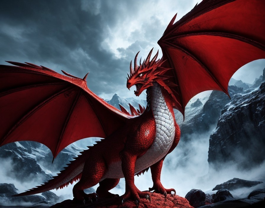 Majestic red dragon on rocky outcrop under clouds