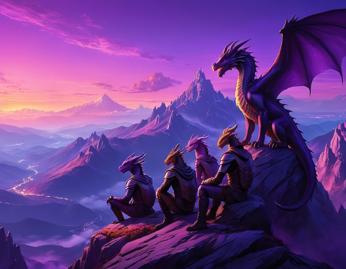 Armored Figures and Dragon at Sunset in Fantasy Landscape