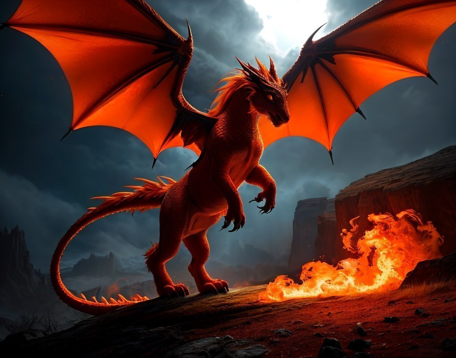 Majestic Orange Dragon on Rocky Outcrop with Flames