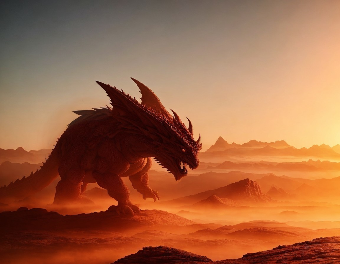 Dragon Silhouetted Against Vivid Sunset Landscape