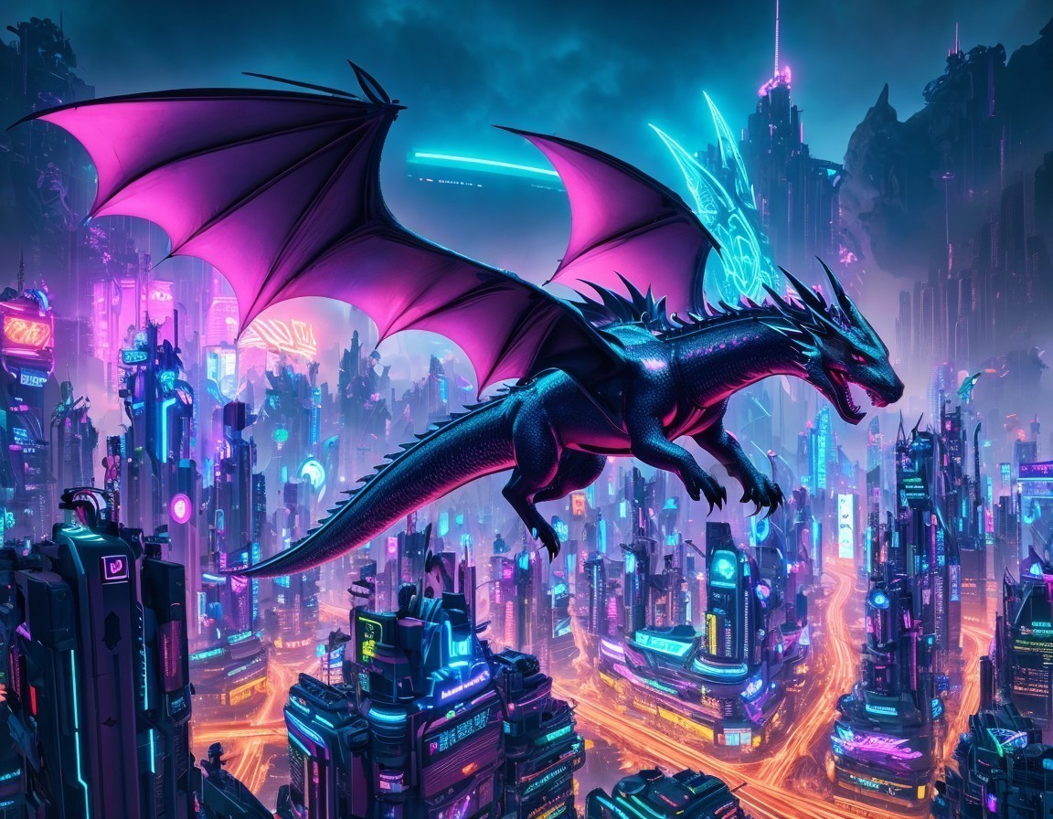 Dragon with Black Scales and Pink Wings Over Cityscape