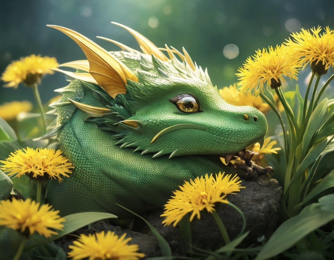 Green Dragon with Golden Horns Resting Among Yellow Flowers