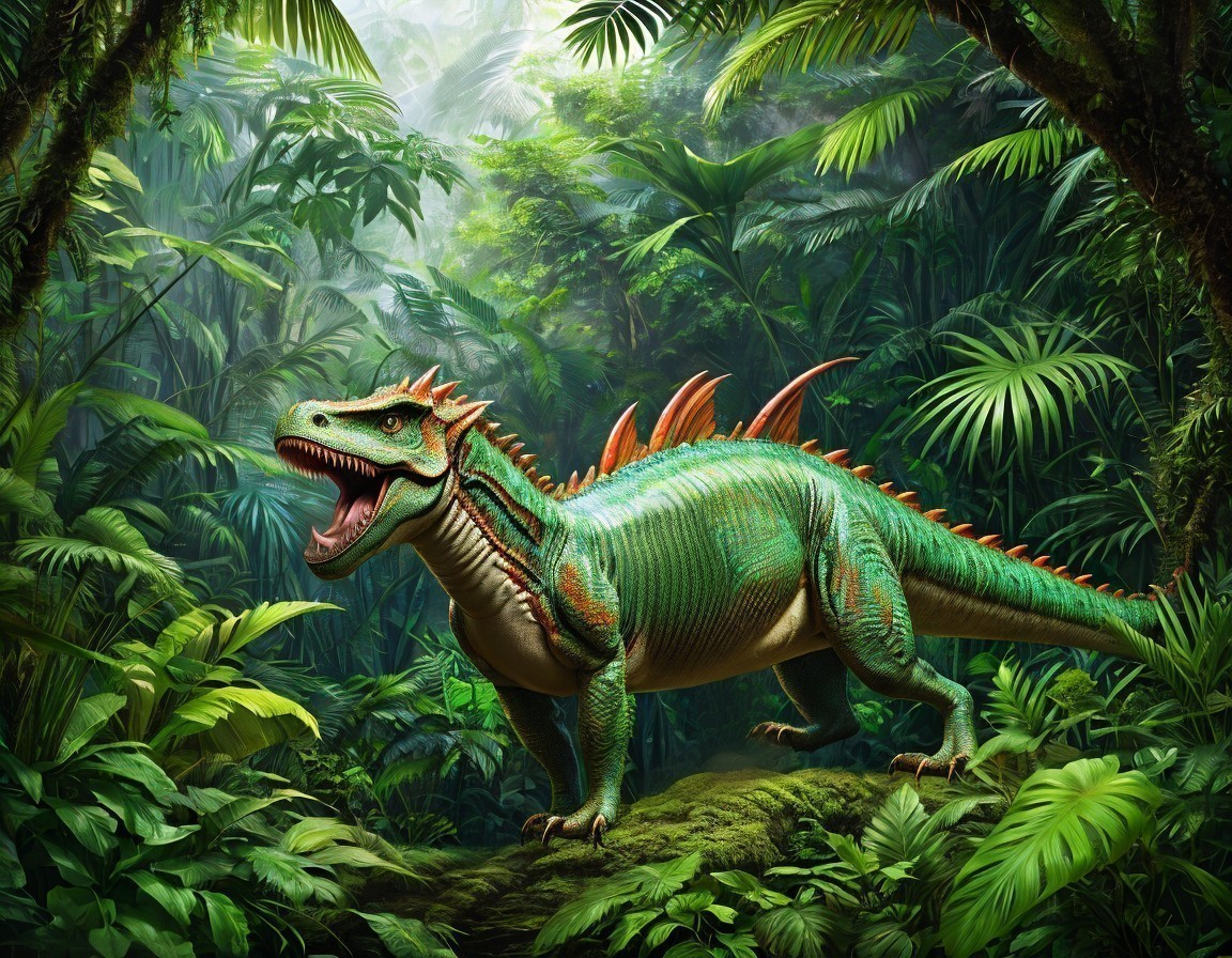 Green Dinosaur in Lush Jungle with Scaly Skin