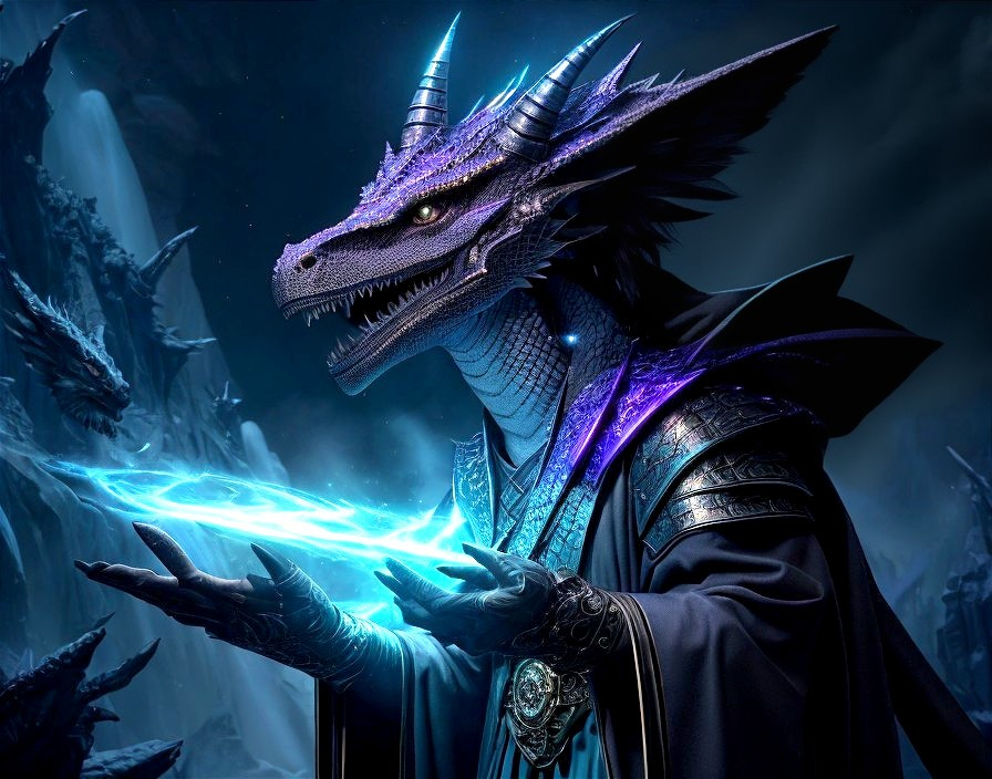 Dragon-like humanoid in regal attire casting blue arcane spell among icy crystals