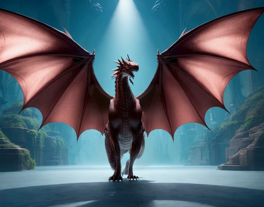 Majestic red dragon in an ethereal fantasy setting