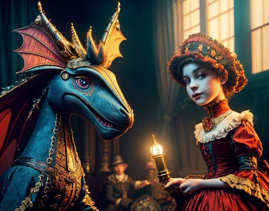 Young Woman in Red Gown with Fabric Dragon in Room