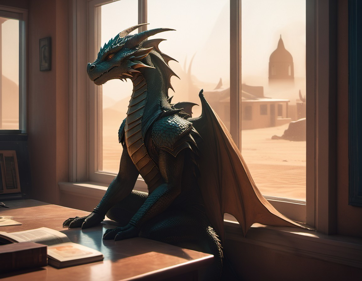 Majestic dragon by a sunlit window with desert view