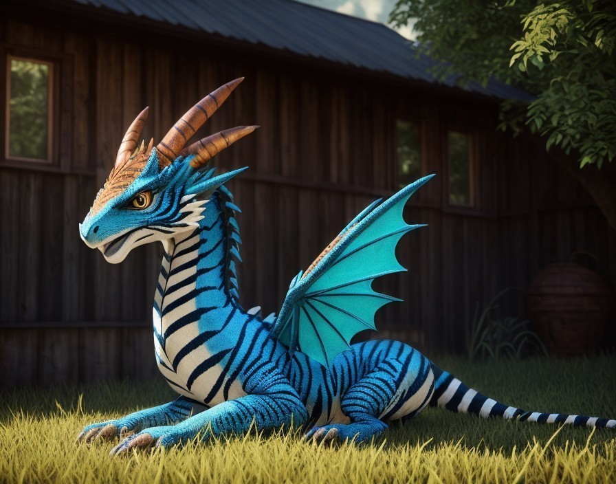 Vibrant dragon with blue scales on green grass
