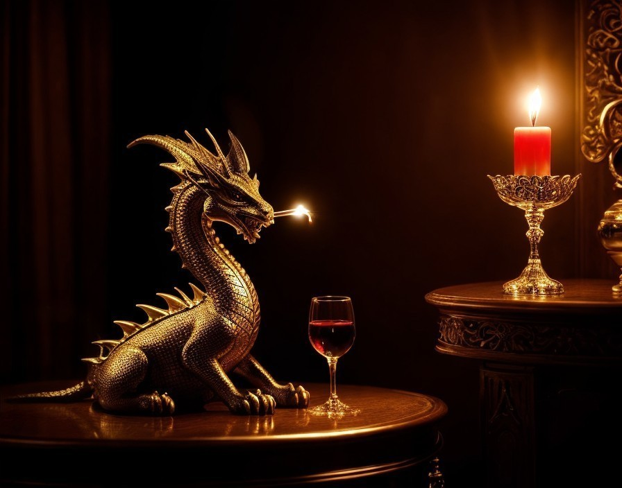 Golden Dragon Sculpture with Wine and Candlelight Setting