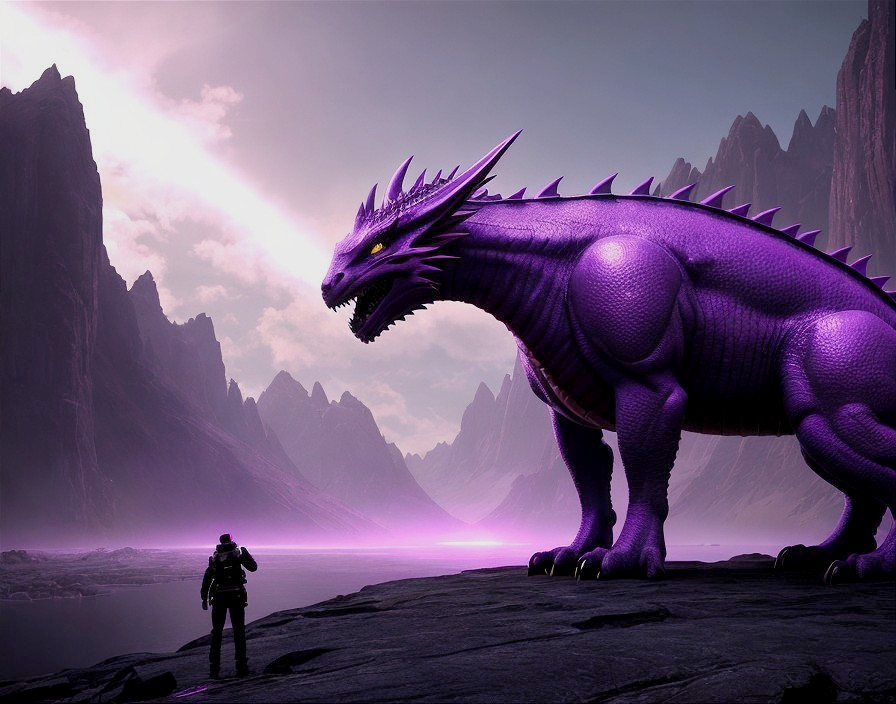 Majestic purple dragon on rocky terrain under vibrant sky