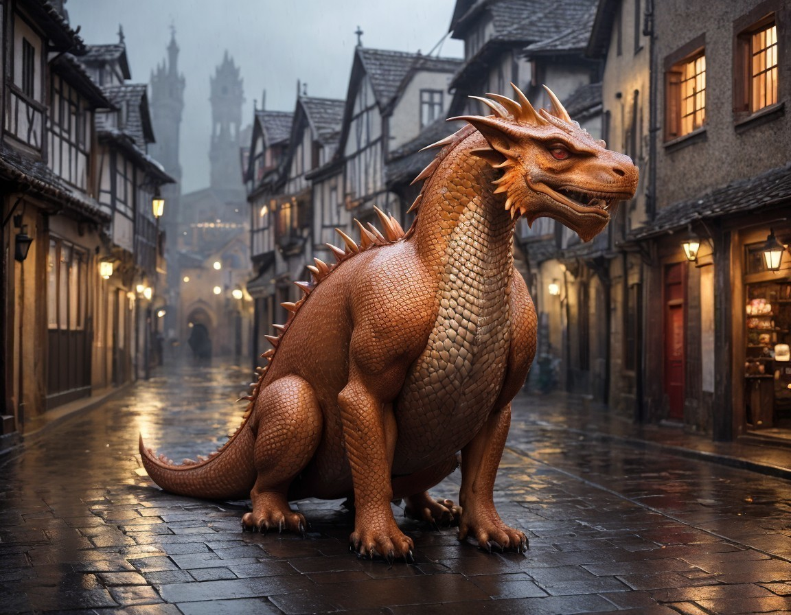Majestic Dragon in Quaint Medieval Cobblestone Street