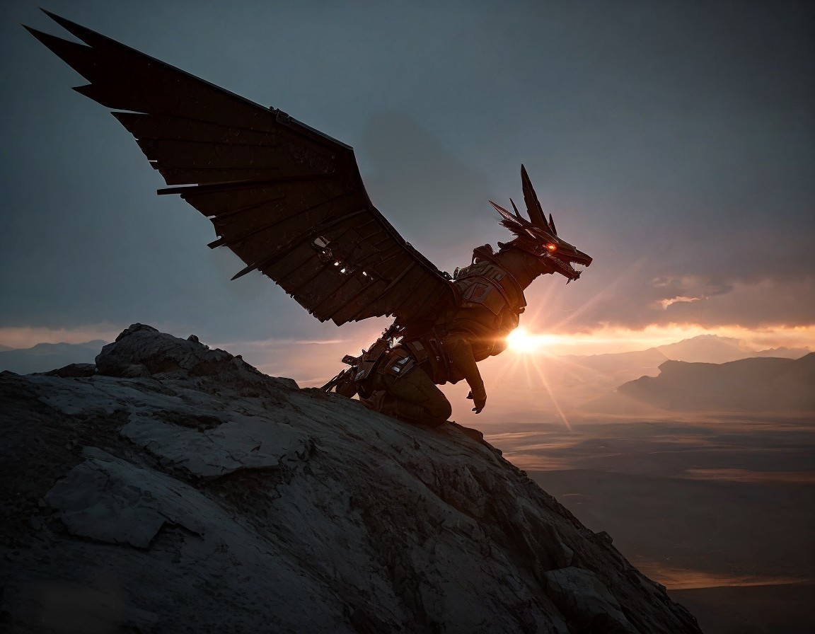 Robotic dragon silhouette at sunset with dramatic landscape