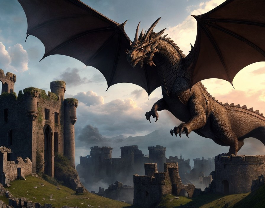 Dragon Soaring Over Crumbling Medieval Castle Landscape