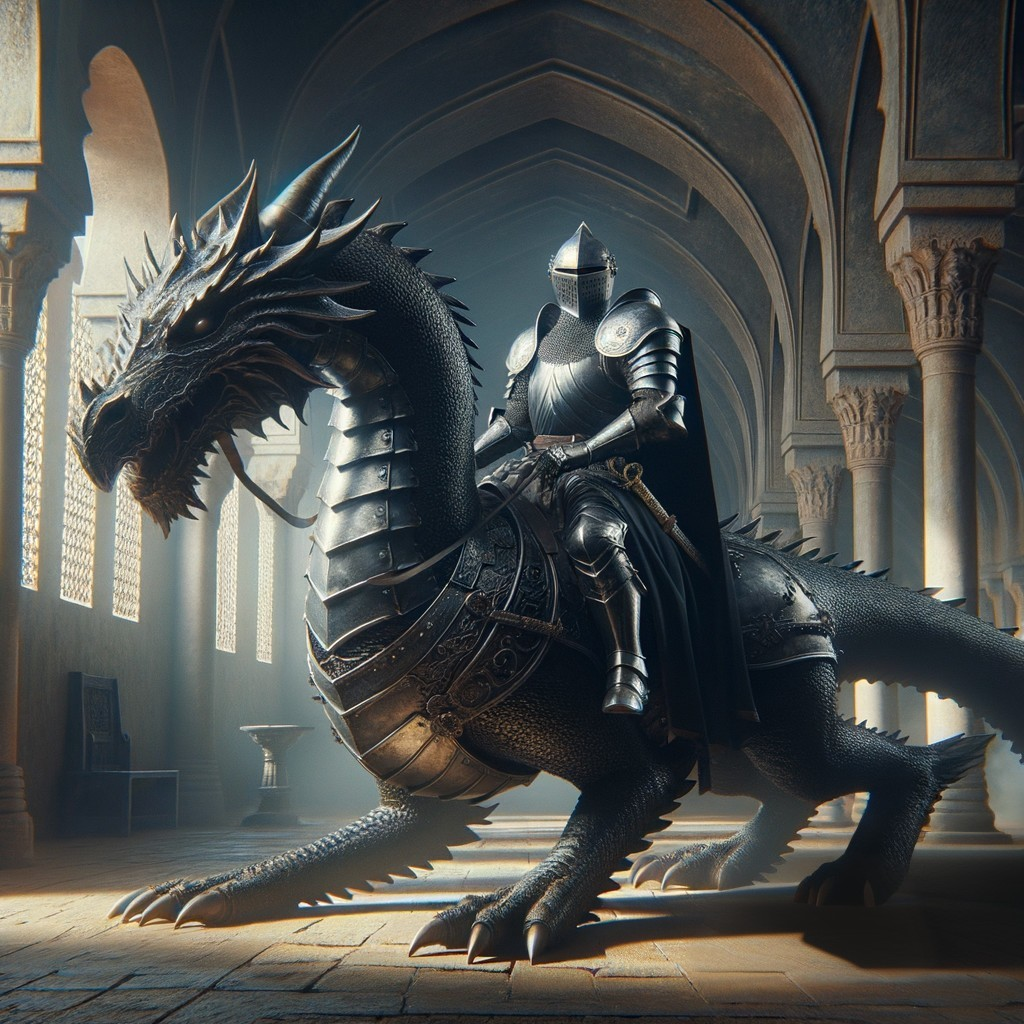 Knight in ornate armor with black dragon in Gothic-style hall