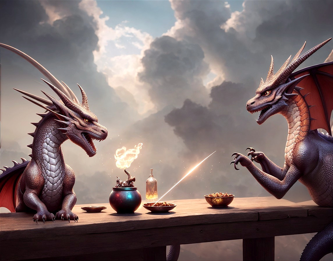 Two dragons at wooden table with magical teapot, snacks, and fire beam.