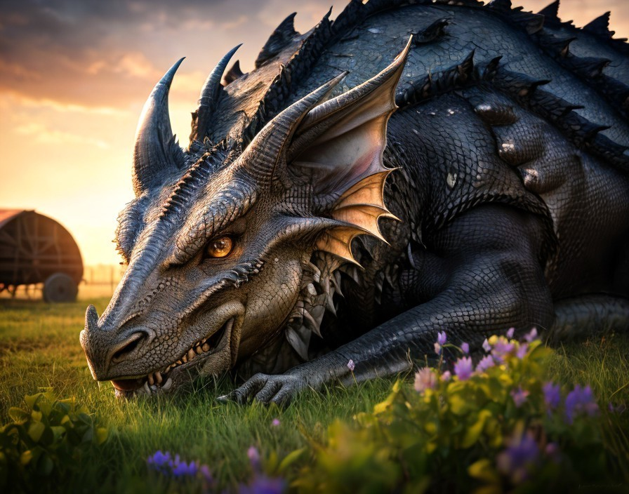 Majestic dragon resting in a vibrant sunset field