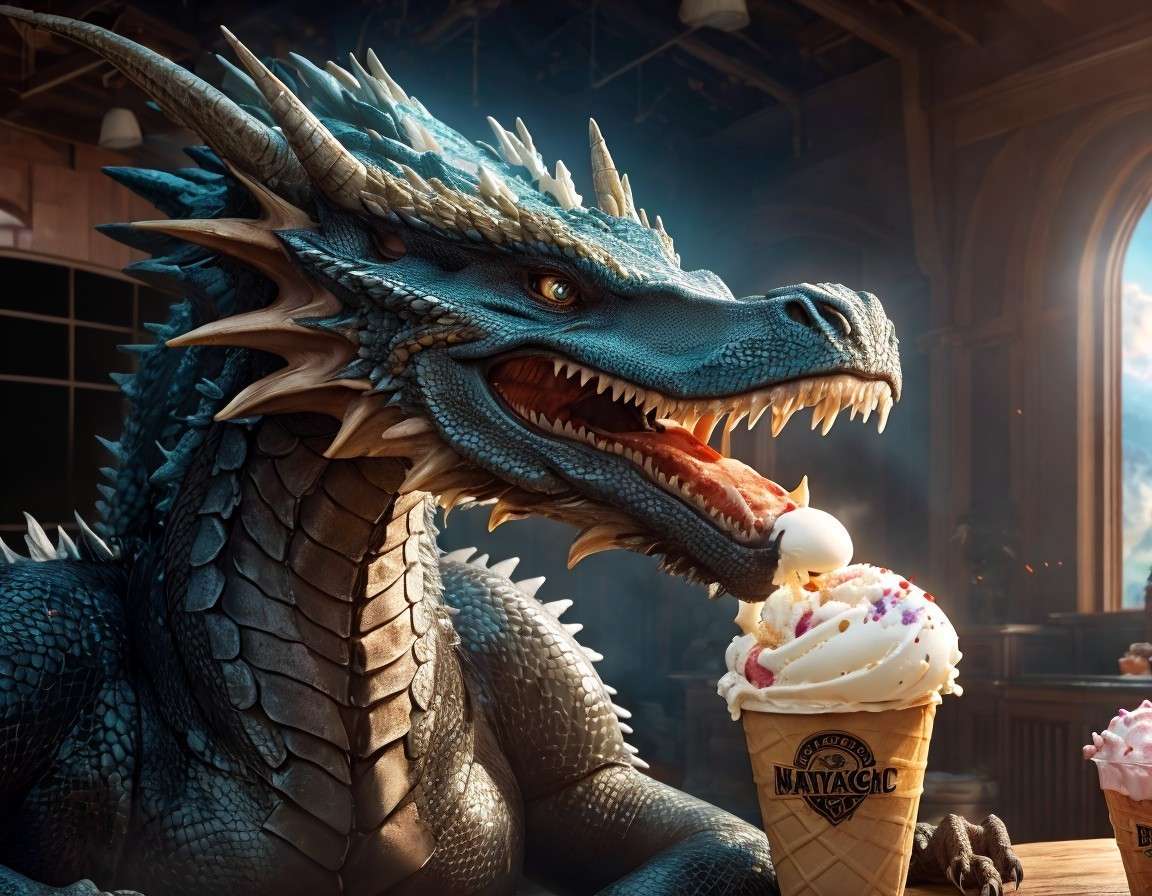 Dragon with Blue Scales Enjoying Ice Cream in Room
