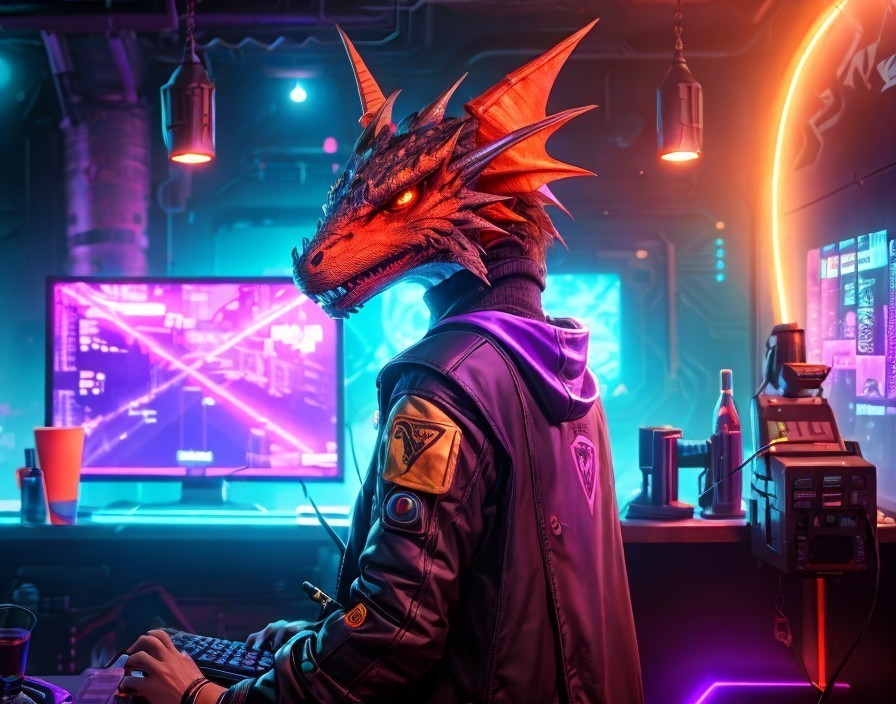 Red Dragon-Headed Humanoid in Jacket at Neon Gaming Setup