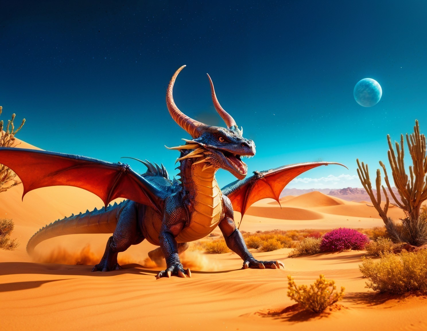 Majestic blue dragon soaring over a desert landscape