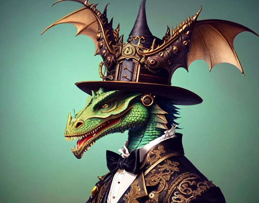 Majestic Green Dragon in Elegant Suit and Hat