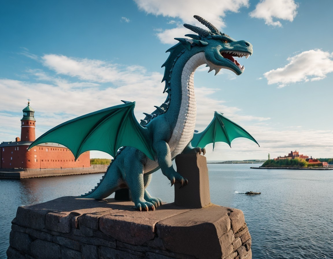 Dragon Statue on Pillar by Water with Brick Building