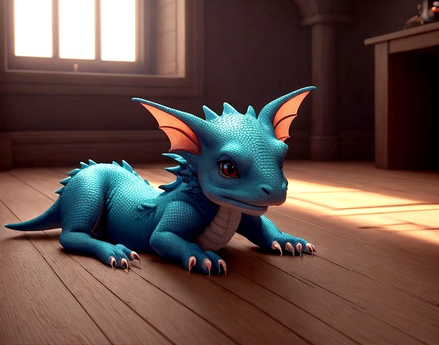 Vibrant Blue Dragon on Wooden Floor in Sunlight