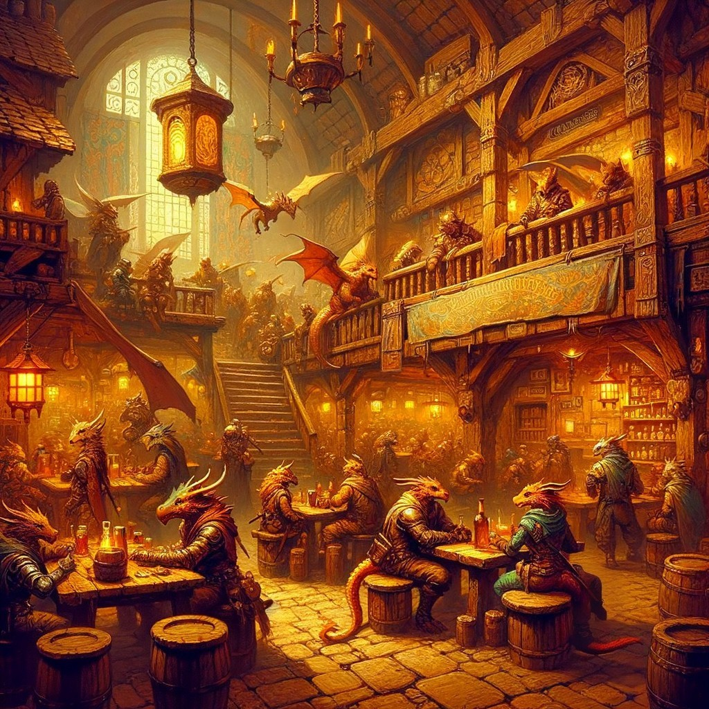 Medieval Tavern Scene with Dragon-Like Creatures