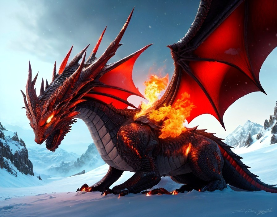 Red Dragon Breathing Fire in Snowy Mountain Landscape