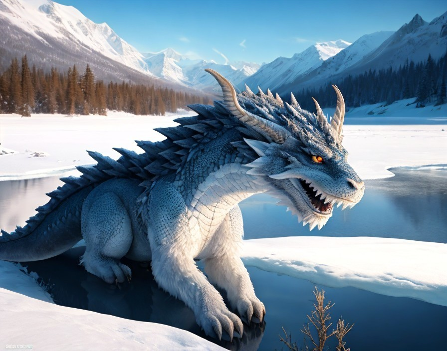 Majestic White Dragon by Frozen Lake in Winter Landscape
