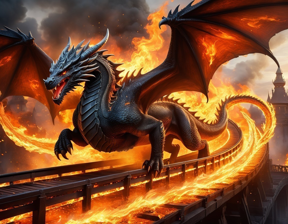 Fierce Black Dragon Surrounded by Flames and Storm Clouds