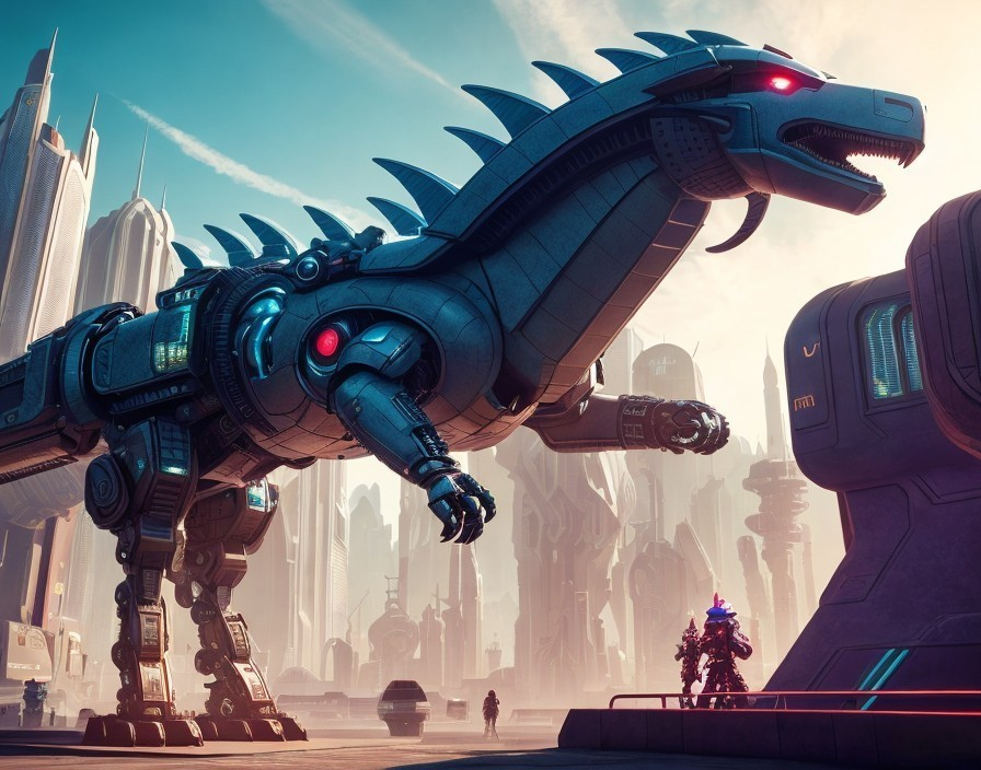 Futuristic Cityscape with Robotic Dinosaur and Contrast