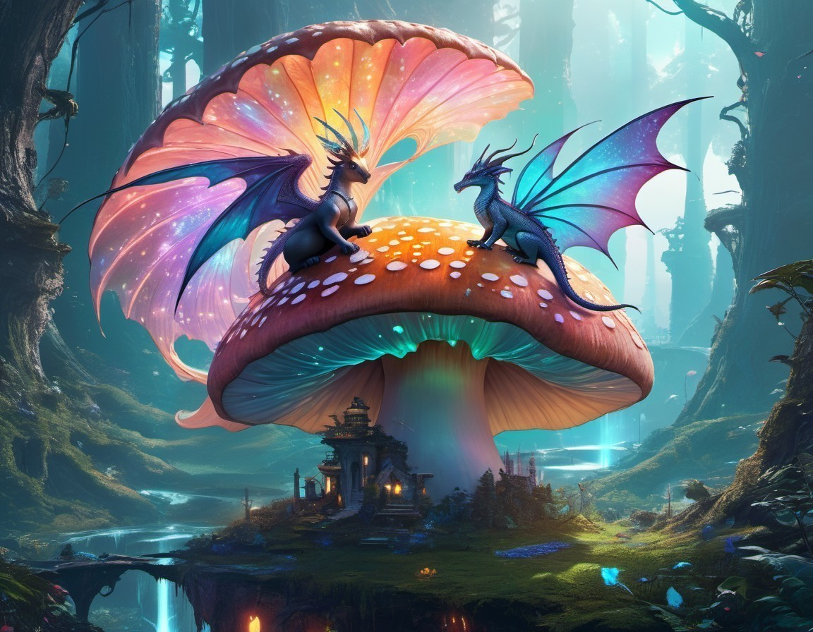 Dragons on Vibrant Mushroom in Enchanted Forest