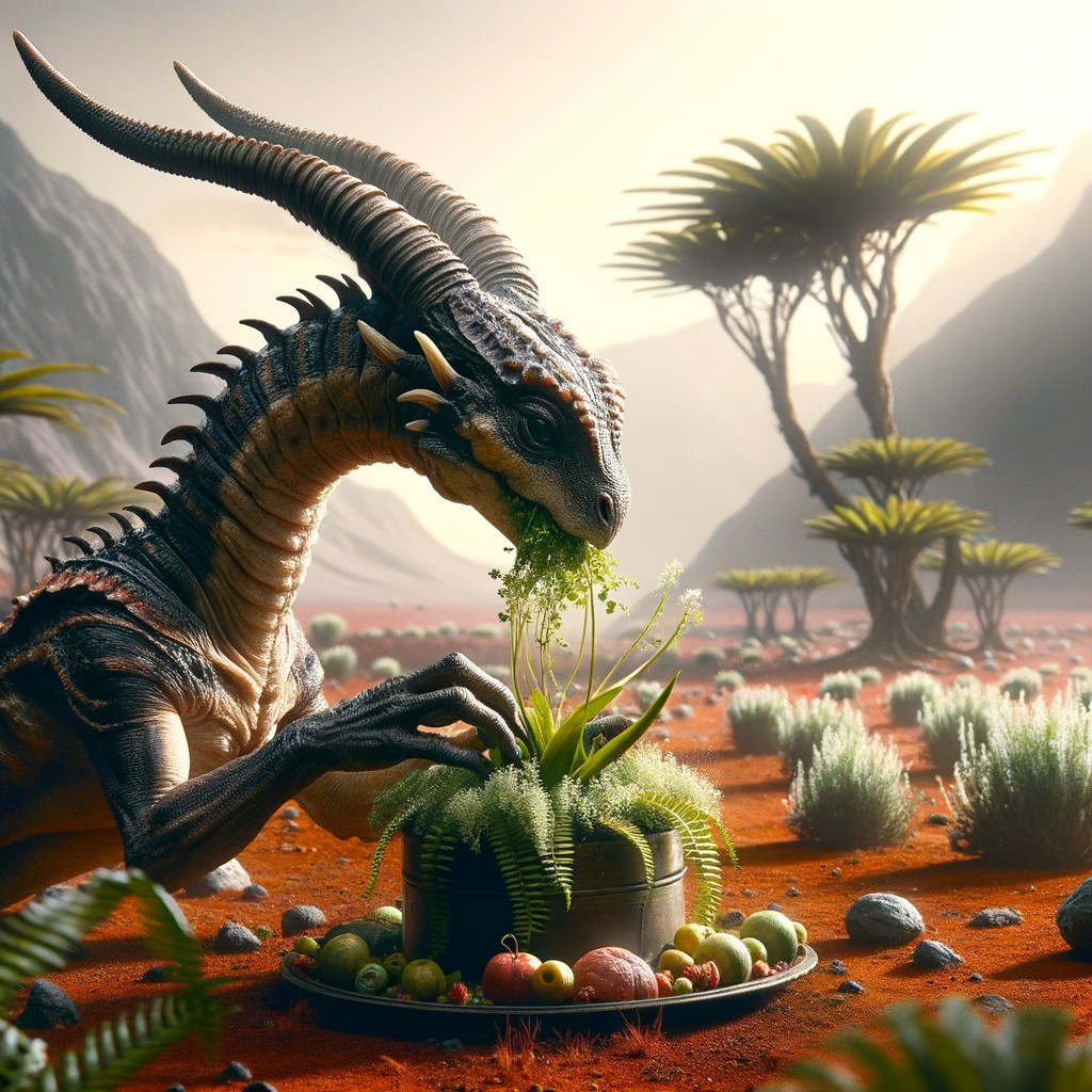 Surreal Landscape with Dragon and Vibrant Plant Life